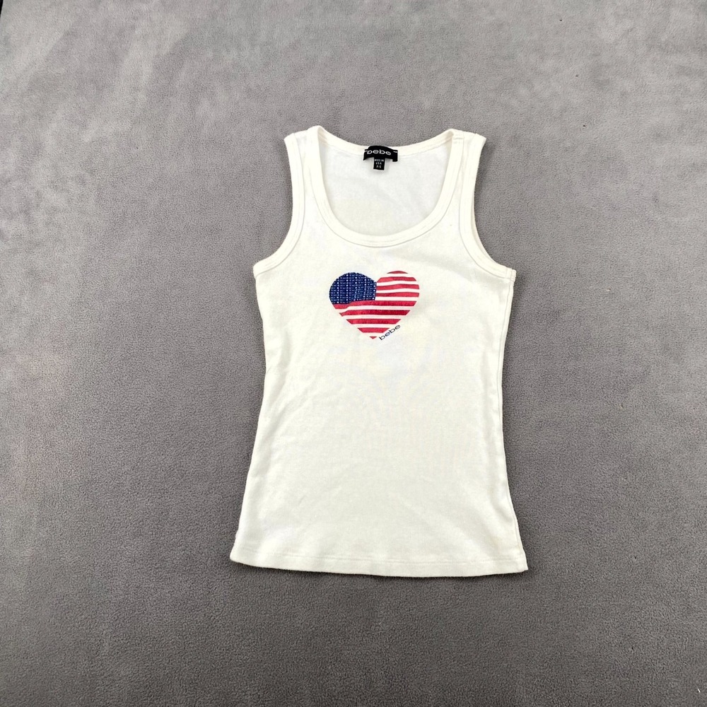Y2K Bebe Americana Heart Flag Tank Top Women Small White Cropped Wide Strap